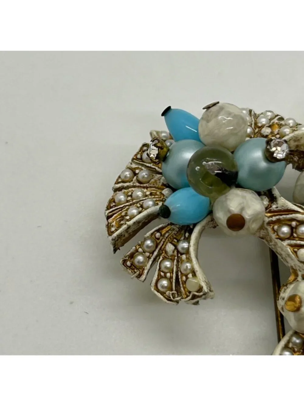 Vintage Coro Pin Brooch With Faux Pearls Faux Turquoise Beads, Floral Bow READ